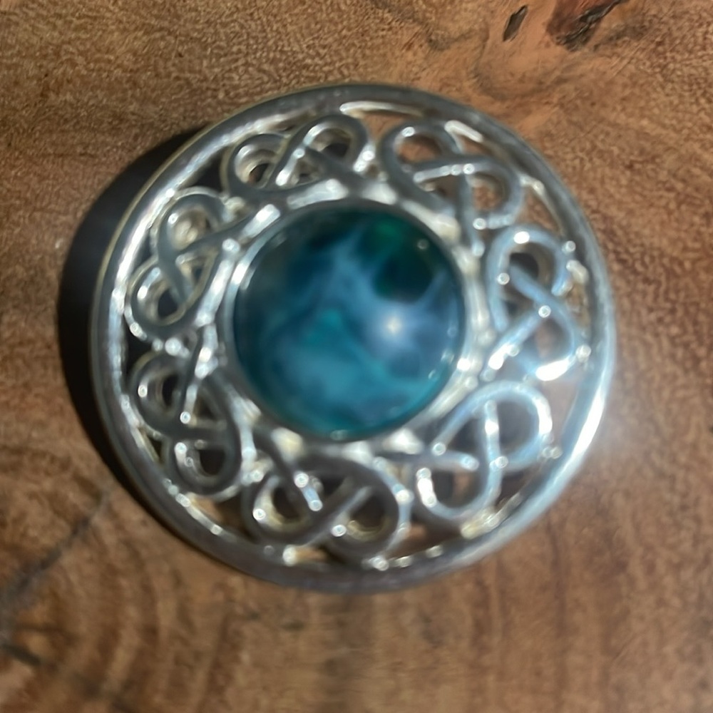 Celtic Knot Brooch with Blueish Green Stone
